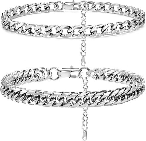 2PCS Ankle Bracelets for Women - Gold/Silver Plated Stainless Steel Anklets Set - Waterproof Layered Cuban Link Chain Anklet Bracelet Summer Beach Foot Jewelry Gifts for Women (Style 2-Silver) in Saudi Arabia
