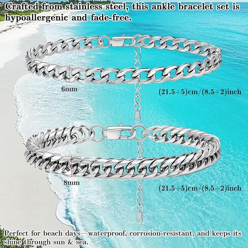 2PCS Ankle Bracelets for Women - Gold/Silver Plated Stainless Steel Anklets Set - Waterproof Layered Cuban Link Chain Anklet Bracelet Summer Beach Foot Jewelry Gifts for Women (Style 2-Silver) in Saudi Arabia