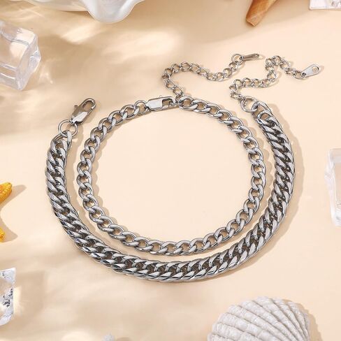 2PCS Ankle Bracelets for Women - Gold/Silver Plated Stainless Steel Anklets Set - Waterproof Layered Cuban Link Chain Anklet Bracelet Summer Beach Foot Jewelry Gifts for Women (Style 2-Silver) in Saudi Arabia