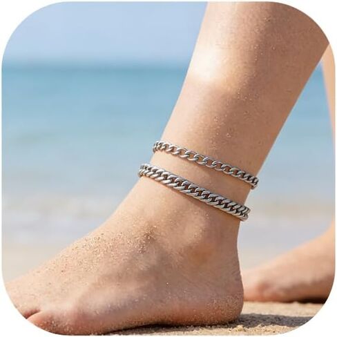 2PCS Ankle Bracelets for Women - Gold/Silver Plated Stainless Steel Anklets Set - Waterproof Layered Cuban Link Chain Anklet Bracelet Summer Beach Foot Jewelry Gifts for Women (Style 2-Silver) in Saudi Arabia
