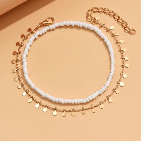 2 Pcs Boho Anklets for Women – White Seed Bead & Gold Disc Tassel Foot Jewelry Set – Adjustable Layered Beach Summer Ankle Bracelets for Girls in Kuwait