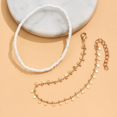 2 Pcs Boho Anklets for Women – White Seed Bead & Gold Disc Tassel Foot Jewelry Set – Adjustable Layered Beach Summer Ankle Bracelets for Girls in Kuwait