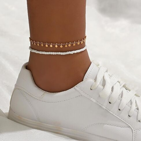 2 Pcs Boho Anklets for Women – White Seed Bead & Gold Disc Tassel Foot Jewelry Set – Adjustable Layered Beach Summer Ankle Bracelets for Girls in Kuwait