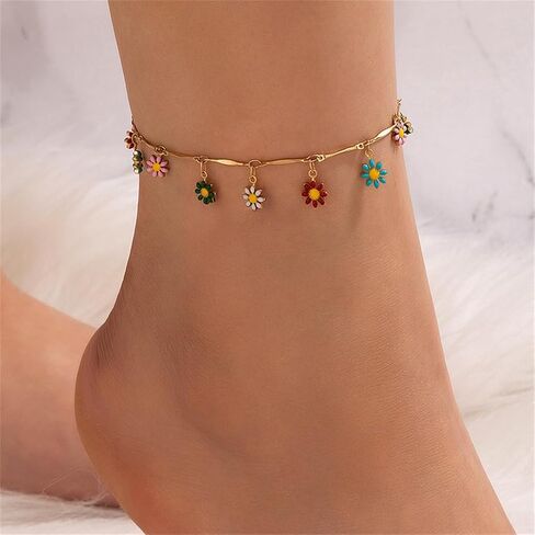 Colorful Daisy Anklet for Women Gold Plated Enamel Flower Chain Ankle Bracelet Boho Beach Foot Jewelry Gift in Kuwait