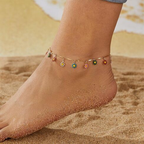 Colorful Daisy Anklet for Women Gold Plated Enamel Flower Chain Ankle Bracelet Boho Beach Foot Jewelry Gift in Kuwait