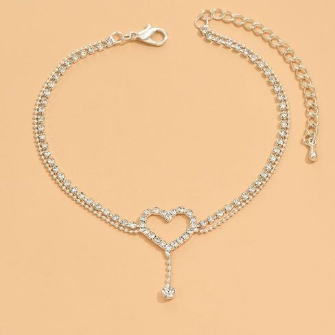 Heart Shaped Crystal Anklet with Silver Chain - Adjustable Sparkling Foot Jewelry for Women, Perfect for Summer and Party Wear in Kuwait