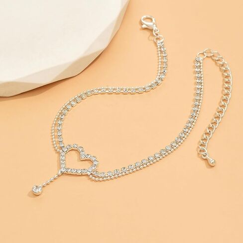 Heart Shaped Crystal Anklet with Silver Chain - Adjustable Sparkling Foot Jewelry for Women, Perfect for Summer and Party Wear in Kuwait