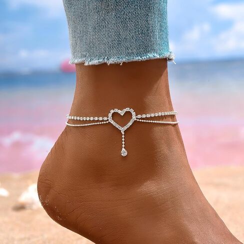 Heart Shaped Crystal Anklet with Silver Chain - Adjustable Sparkling Foot Jewelry for Women, Perfect for Summer and Party Wear in Kuwait
