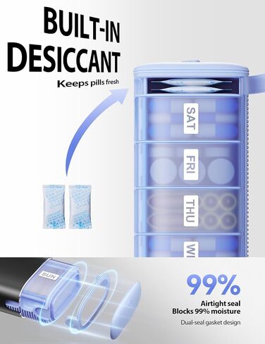 Vaydeer Metal Travel Pill Organizer, 7-Day Weekly Pill Case with Moisture-Resistant Desiccant, Airtight Compact Pill Box for Daily Medication, Vitamins & Supplements (Black) in Saudi Arabia