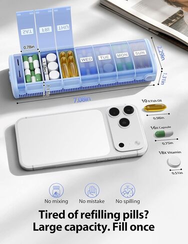 Vaydeer Metal Travel Pill Organizer, 7-Day Weekly Pill Case with Moisture-Resistant Desiccant, Airtight Compact Pill Box for Daily Medication, Vitamins & Supplements (Black) in Saudi Arabia
