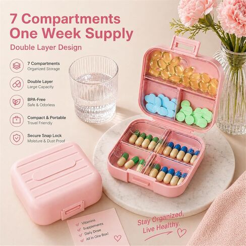 Small Travel Pill Box, Double Layer 7-Compartments Pill Organizer, 3.1" x 3.1" x 1.4" Portable Weekly Pill Case Container for Pocket, 7 Day Compact Medicine Holder for Vitamins, Fish Oils Pink in Kuwait