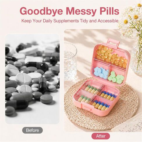Small Travel Pill Box, Double Layer 7-Compartments Pill Organizer, 3.1" x 3.1" x 1.4" Portable Weekly Pill Case Container for Pocket, 7 Day Compact Medicine Holder for Vitamins, Fish Oils Pink in Kuwait