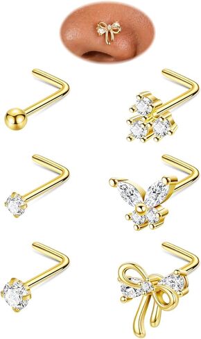 6PCS 20G Titanium Nose Rings Studs for Women L Shaped Nose Studs Hypoallergenic Cubic Zirconia Butterfly Bow Nose Piercings Jewelry 7mm in Kuwait