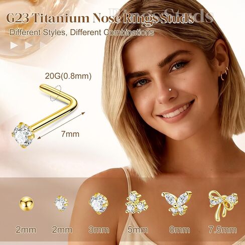 6PCS 20G Titanium Nose Rings Studs for Women L Shaped Nose Studs Hypoallergenic Cubic Zirconia Butterfly Bow Nose Piercings Jewelry 7mm in Kuwait