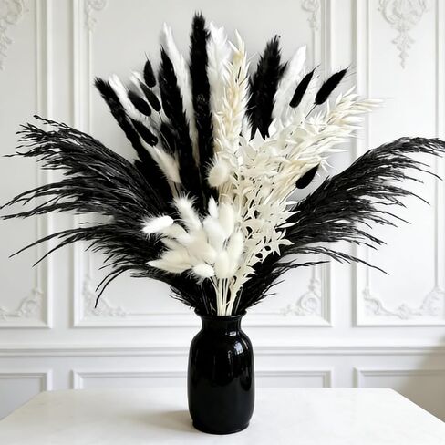 Black and White Pampa Grass Fluffy Dried Feathers Including Bunny Tails Reeds 17inch Dried Flowers for Vase Pompas Floral Arrangements Home Livingroom Wedding Bar Modern Decor (50, Black) in Saudi Arabia