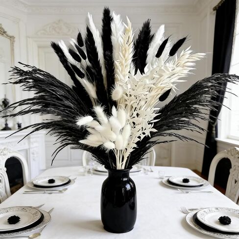 Black and White Pampa Grass Fluffy Dried Feathers Including Bunny Tails Reeds 17inch Dried Flowers for Vase Pompas Floral Arrangements Home Livingroom Wedding Bar Modern Decor (50, Black) in Saudi Arabia