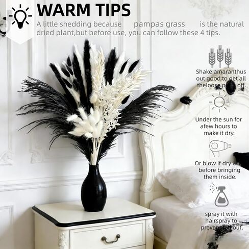 Black and White Pampa Grass Fluffy Dried Feathers Including Bunny Tails Reeds 17inch Dried Flowers for Vase Pompas Floral Arrangements Home Livingroom Wedding Bar Modern Decor (50, Black) in Saudi Arabia