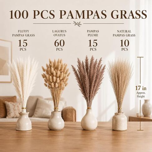 PROBENEX Dried Pampas Grass Decor, 100 Stems Contains Bunny Tails Dried Flowers, Reed Grass Bouquet for Wedding Boho Flowers Home Table Decor, Rustic Farmhouse Party (17", White and Brown) in Saudi Arabia