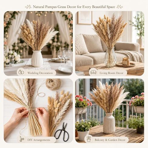 PROBENEX Dried Pampas Grass Decor, 100 Stems Contains Bunny Tails Dried Flowers, Reed Grass Bouquet for Wedding Boho Flowers Home Table Decor, Rustic Farmhouse Party (17", White and Brown) in Saudi Arabia