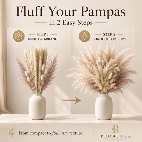 PROBENEX Dried Pampas Grass Decor, 100 Stems Contains Bunny Tails Dried Flowers, Reed Grass Bouquet for Wedding Boho Flowers Home Table Decor, Rustic Farmhouse Party (17", White and Brown) in Saudi Arabia