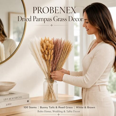 PROBENEX Dried Pampas Grass Decor, 100 Stems Contains Bunny Tails Dried Flowers, Reed Grass Bouquet for Wedding Boho Flowers Home Table Decor, Rustic Farmhouse Party (17", White and Brown) in Saudi Arabia