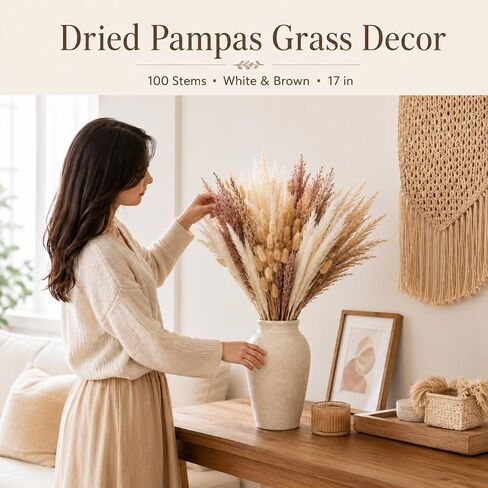 PROBENEX Dried Pampas Grass Decor, 100 Stems Contains Bunny Tails Dried Flowers, Reed Grass Bouquet for Wedding Boho Flowers Home Table Decor, Rustic Farmhouse Party (17", White and Brown) in Saudi Arabia