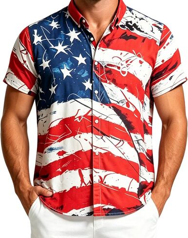 4th of July Shirts for Men Patriotic Shirts America Flag Button Down Hawaiian Shirt Casual Short Sleeve in Saudi Arabia