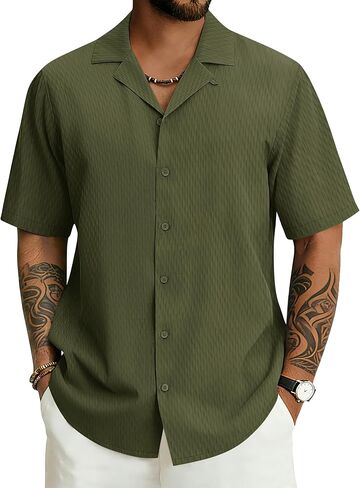 Cotrasen Men's Casual Short Sleeve Button Down Shirt Cuban Textured Summer Beach Shirts in Kuwait
