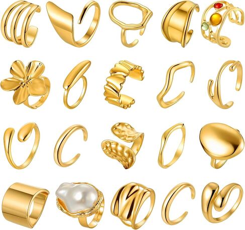 20 Pcs 14k Gold Plated Rings for Women Adjustable Chunky Open Stackable Knuckle Statement Flower Rings Gold Trendy Dainty Jewelry Gift for Summer Wedding Engagement, Size 7-8.5 in Saudi Arabia