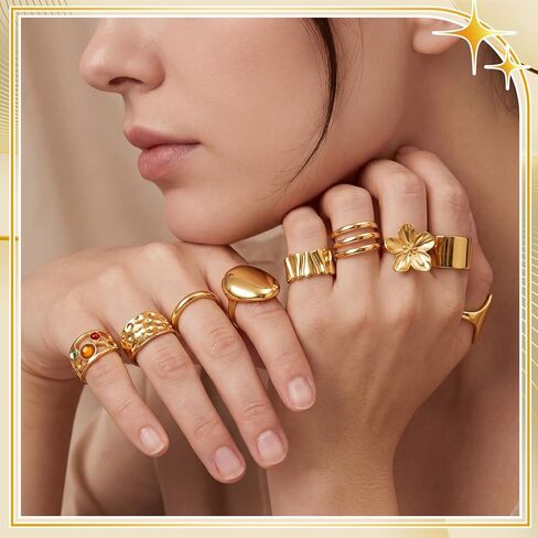 20 Pcs 14k Gold Plated Rings for Women Adjustable Chunky Open Stackable Knuckle Statement Flower Rings Gold Trendy Dainty Jewelry Gift for Summer Wedding Engagement, Size 7-8.5 in Saudi Arabia