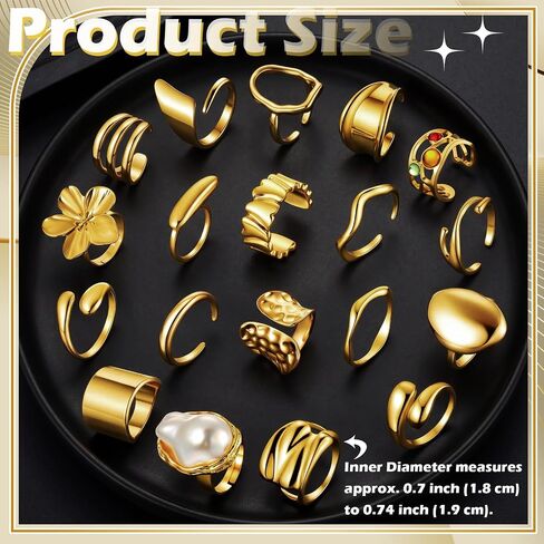 20 Pcs 14k Gold Plated Rings for Women Adjustable Chunky Open Stackable Knuckle Statement Flower Rings Gold Trendy Dainty Jewelry Gift for Summer Wedding Engagement, Size 7-8.5 in Saudi Arabia