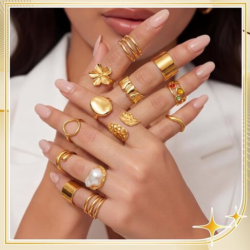 20 Pcs 14k Gold Plated Rings for Women Adjustable Chunky Open Stackable Knuckle Statement Flower Rings Gold Trendy Dainty Jewelry Gift for Summer Wedding Engagement, Size 7-8.5 in Saudi Arabia