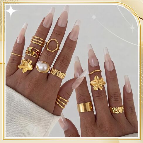 20 Pcs 14k Gold Plated Rings for Women Adjustable Chunky Open Stackable Knuckle Statement Flower Rings Gold Trendy Dainty Jewelry Gift for Summer Wedding Engagement, Size 7-8.5 in Saudi Arabia