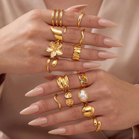 20 Pcs 14k Gold Plated Rings for Women Adjustable Chunky Open Stackable Knuckle Statement Flower Rings Gold Trendy Dainty Jewelry Gift for Summer Wedding Engagement, Size 7-8.5 in Saudi Arabia
