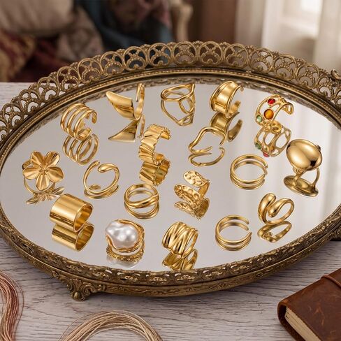 20 Pcs 14k Gold Plated Rings for Women Adjustable Chunky Open Stackable Knuckle Statement Flower Rings Gold Trendy Dainty Jewelry Gift for Summer Wedding Engagement, Size 7-8.5 in Saudi Arabia