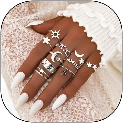 RTY 10Pcs Vintage Silver Moon Star Open Adjustable Knuckle Joint Rings Set Retro Lucky Star Half Moon Chunky Stetement Finger Jewelry Charm Gift for Her in Kuwait