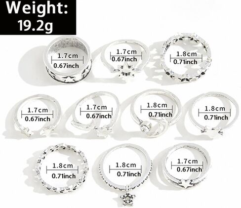 RTY 10Pcs Vintage Silver Moon Star Open Adjustable Knuckle Joint Rings Set Retro Lucky Star Half Moon Chunky Stetement Finger Jewelry Charm Gift for Her in Kuwait