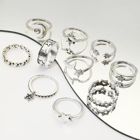 RTY 10Pcs Vintage Silver Moon Star Open Adjustable Knuckle Joint Rings Set Retro Lucky Star Half Moon Chunky Stetement Finger Jewelry Charm Gift for Her in Kuwait