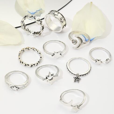 RTY 10Pcs Vintage Silver Moon Star Open Adjustable Knuckle Joint Rings Set Retro Lucky Star Half Moon Chunky Stetement Finger Jewelry Charm Gift for Her in Kuwait