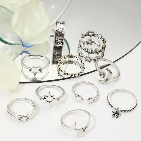 RTY 10Pcs Vintage Silver Moon Star Open Adjustable Knuckle Joint Rings Set Retro Lucky Star Half Moon Chunky Stetement Finger Jewelry Charm Gift for Her in Kuwait