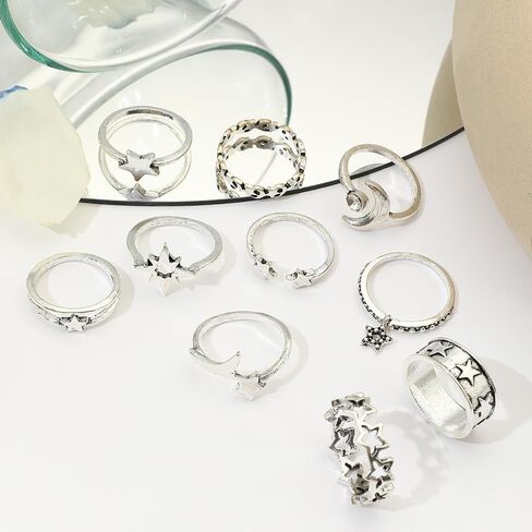 RTY 10Pcs Vintage Silver Moon Star Open Adjustable Knuckle Joint Rings Set Retro Lucky Star Half Moon Chunky Stetement Finger Jewelry Charm Gift for Her in Kuwait