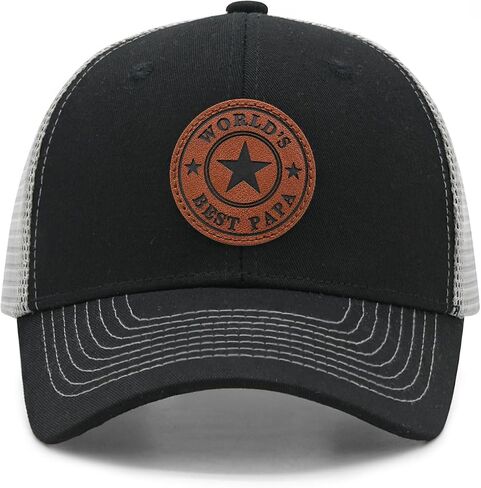 World’s Best Papa Trucker Hat for Men, Papa Gift for Father's Day Birthday, Adjustable Mesh Snapback Cap with Leather Patch, Black in Saudi Arabia