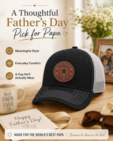 World’s Best Papa Trucker Hat for Men, Papa Gift for Father's Day Birthday, Adjustable Mesh Snapback Cap with Leather Patch, Black in Saudi Arabia