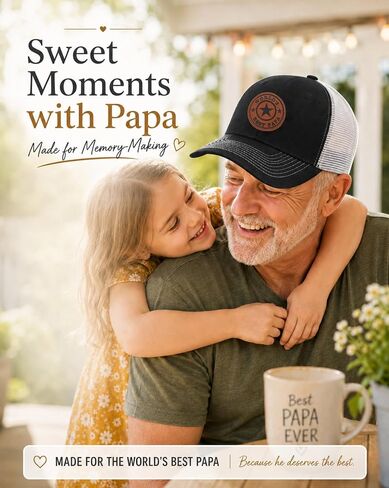 World’s Best Papa Trucker Hat for Men, Papa Gift for Father's Day Birthday, Adjustable Mesh Snapback Cap with Leather Patch, Black in Saudi Arabia