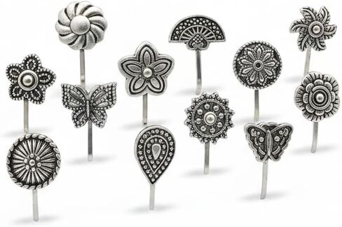 Non Piercing Traditional Indian Nosepin, Black Metal Silver | Pressing Type Clip On, Oxidized, 1.5cm, For Women in Kuwait