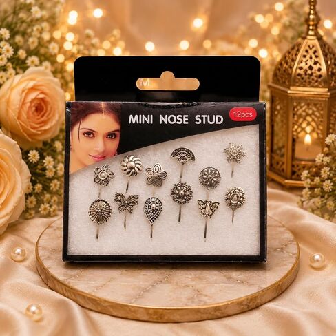 Non Piercing Traditional Indian Nosepin, Black Metal Silver | Pressing Type Clip On, Oxidized, 1.5cm, For Women in Kuwait