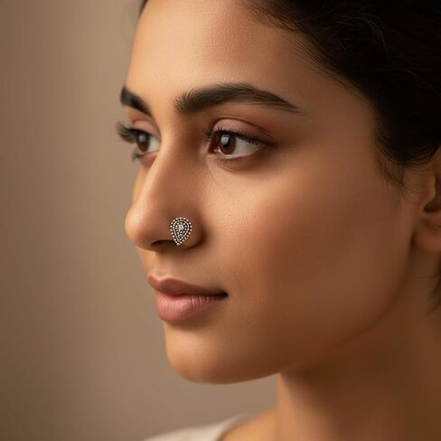 Non Piercing Traditional Indian Nosepin, Black Metal Silver | Pressing Type Clip On, Oxidized, 1.5cm, For Women in Kuwait