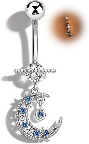 COCHARM Dangle Moon Belly Button Rings, 14G Belly Navel Rings for Women, Stainless Steel Navel Piercing Jewelry Silver/Gold in Kuwait