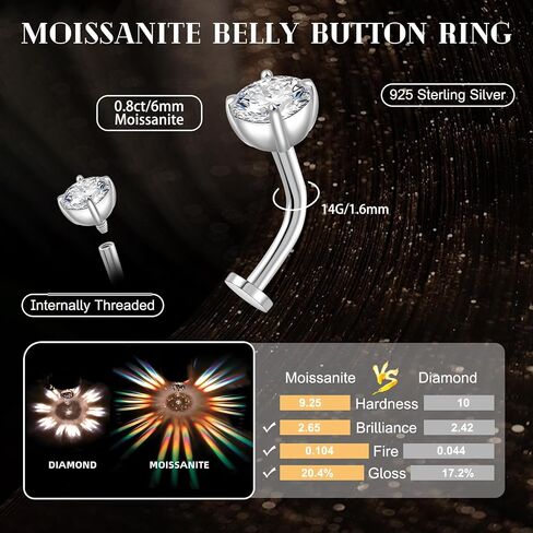 14G Moissanite Floating Belly Button Ring - 925 Sterling Silver 0.8ct Moissanite Flat Back Navel Ring Internally Threaded Body Piercing Jewelry Summer for Women 6mm in Kuwait