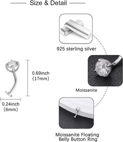 14G Moissanite Floating Belly Button Ring - 925 Sterling Silver 0.8ct Moissanite Flat Back Navel Ring Internally Threaded Body Piercing Jewelry Summer for Women 6mm in Kuwait